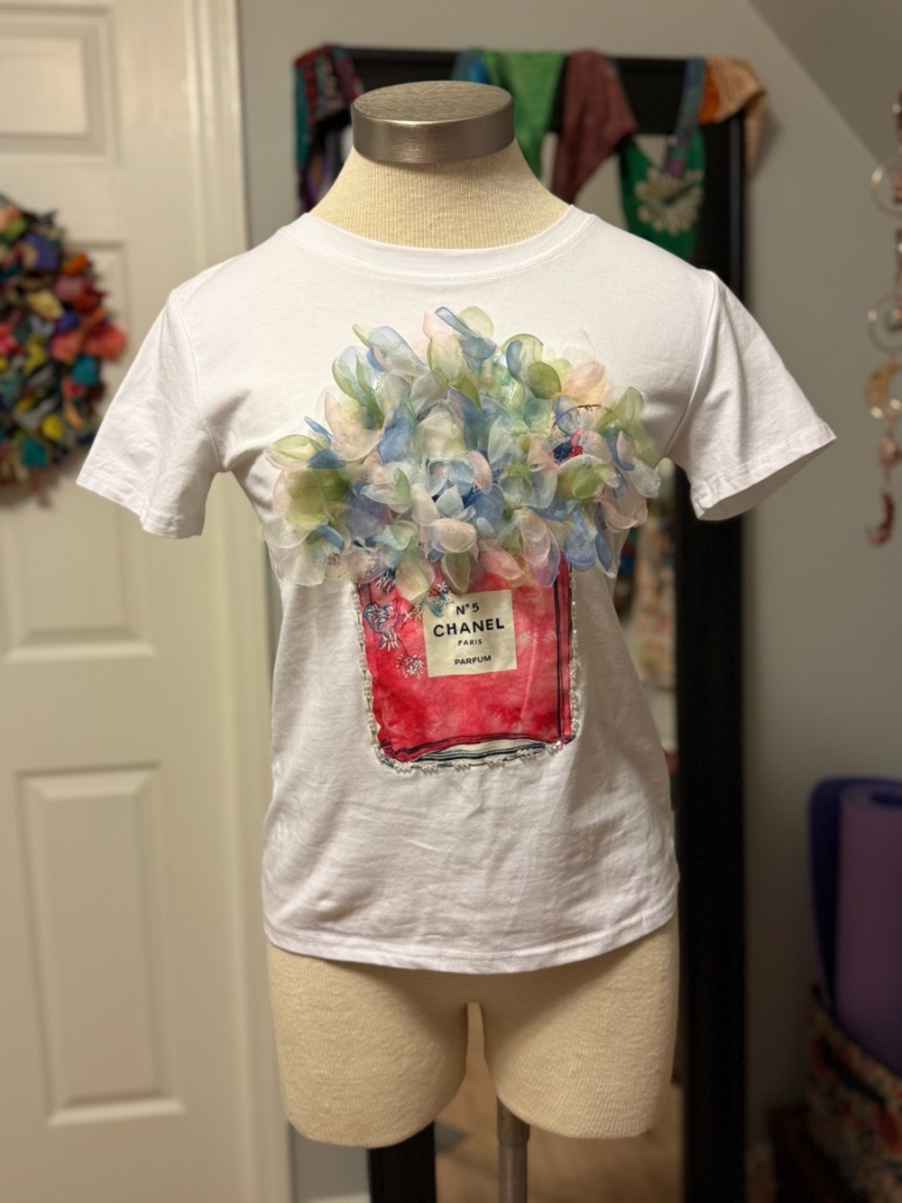 White Tee with 3D Floral Perfume No 5 Bottle Design XS